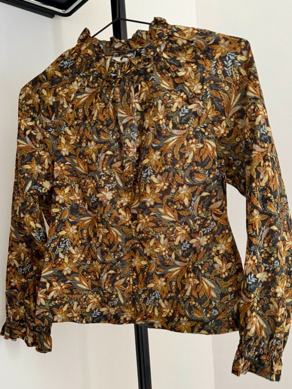 DÔEN Juna Top In Noir Narcissus Women's Floral Ruffle Cotton Blouse Tunic Top XS